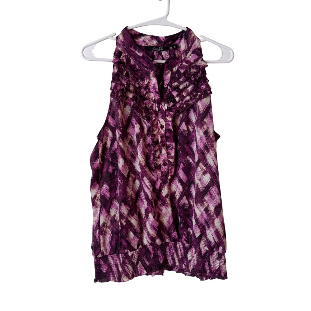 Essentials by Milano Purple Abstract Ruffle Neck Smocked Hem Blouse Womens Large